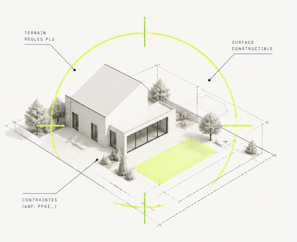 Un terrain avec sa maison, sa surface constructible et ses contraintes